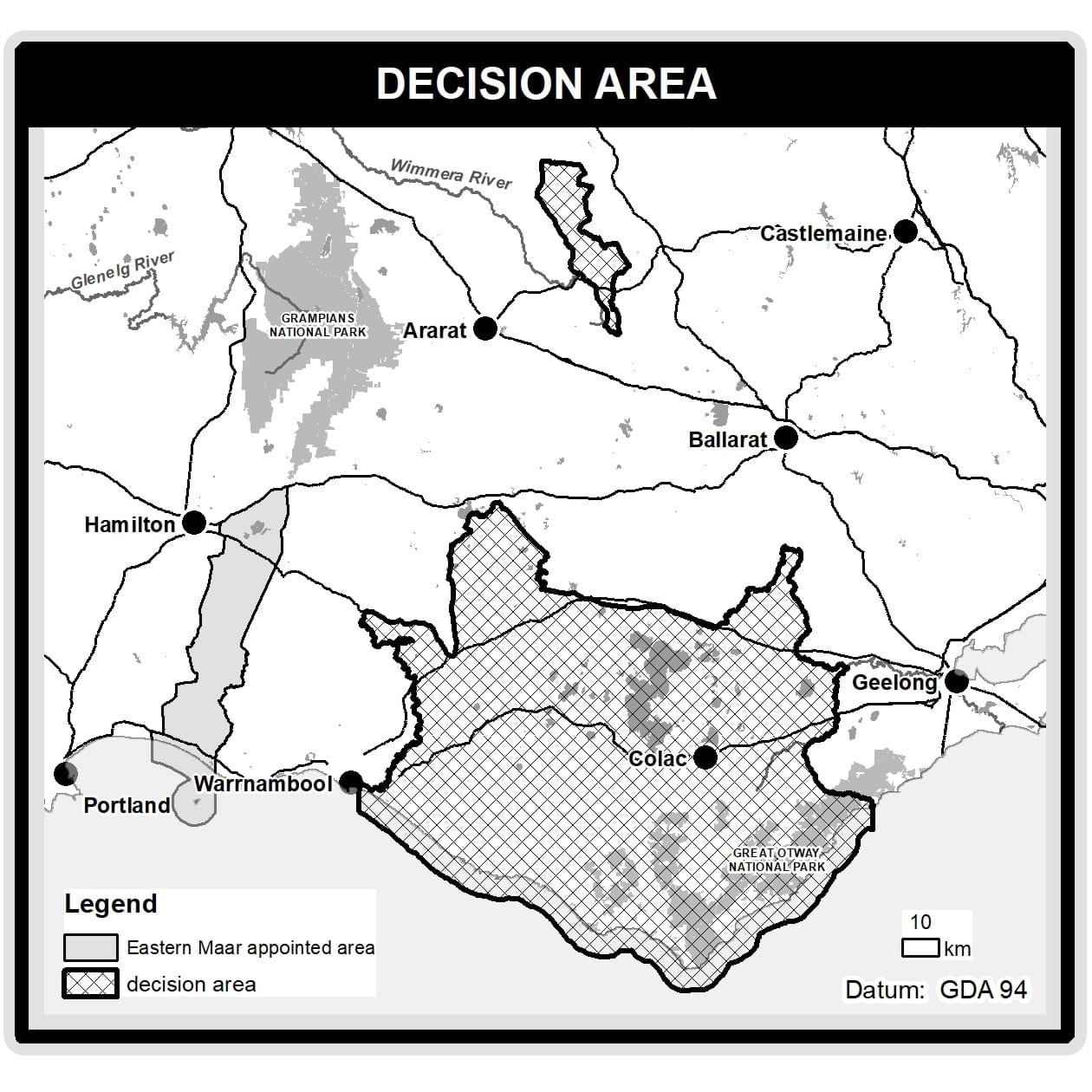 The map is an east of Gariwerd which includes Navarre in the north, is bound by Dja Dja Wurrung Aboriginal Corporation’s RAP area to the east and Barengi Gadjin Land Council Aboriginal Corporation’s and Martang’s RAP areas to the west, and extends southerly to the boundary of Wathaurung Aboriginal Corporation’s RAP area; and an area east of Warrnambool which extends easterly to Winchelsea, northerly to Cressy, and southerly to the Victorian coast.