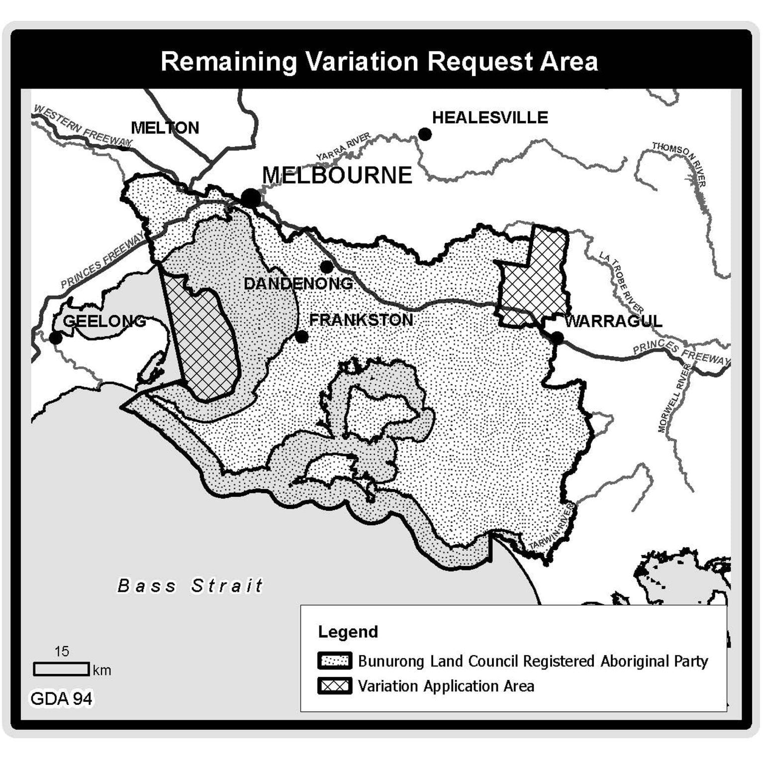 •	Decision Area data: a map detailing the remaining section 155 request for boundary variation from the Bunurong Land Council Aboriginal Corporation.