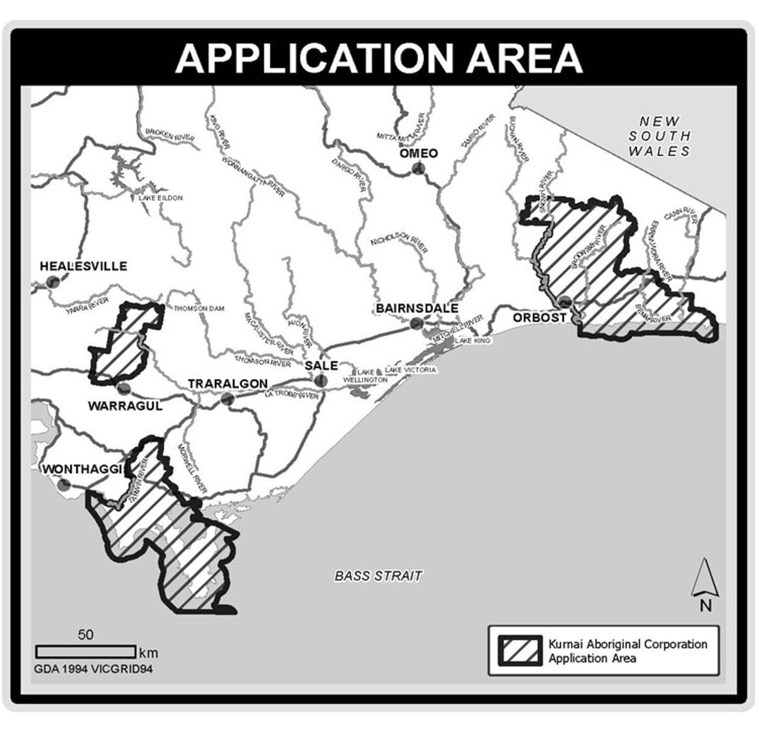 The three areas that constitute the application to become a Registered Aboriginal Party from the Kurnai Aboriginal Corporation.